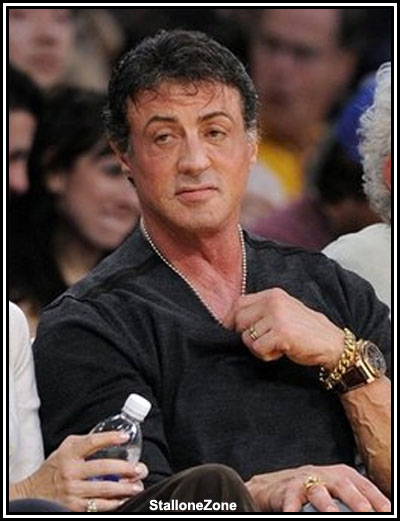 Actor Sylvester Stallone watches the Los Angeles Lakers' NBA basketball game 